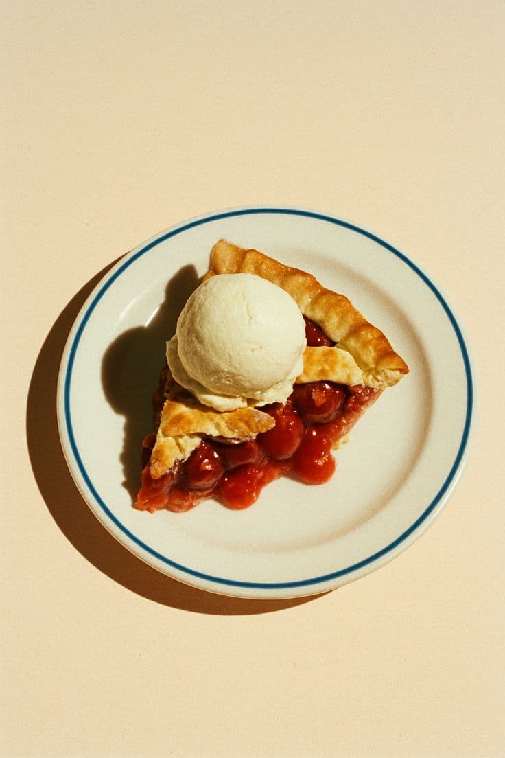 A slice of cherry pie with a scoop of vanilla ice cream on a blue rimmed plate