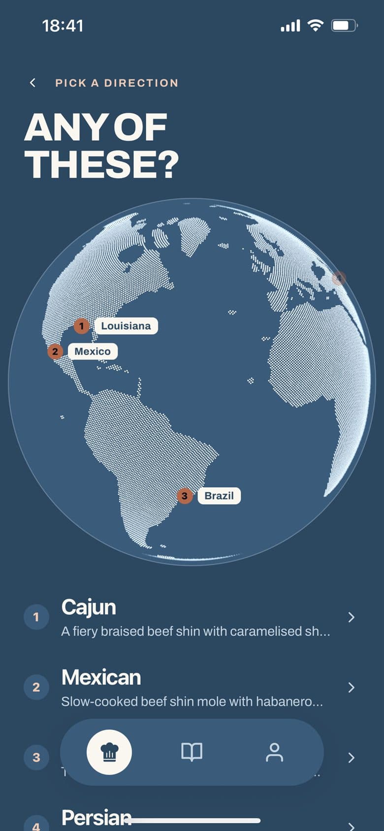 A globe with Louisiana, Mexico and Brazil pinned, above a list of cuisines to choose from