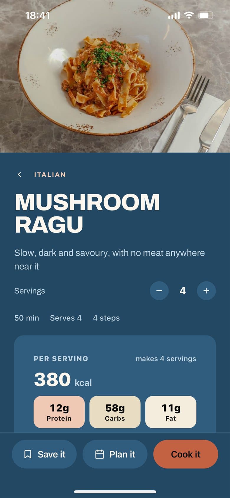 A mushroom ragu recipe with servings, timings and nutrition per serving