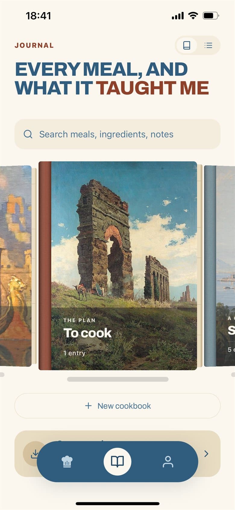 The journal, showing cookbooks of saved meals with painted covers